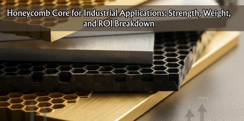 Stacked aluminum and composite honeycomb core panels showing the exposed hexagonal cell structure.