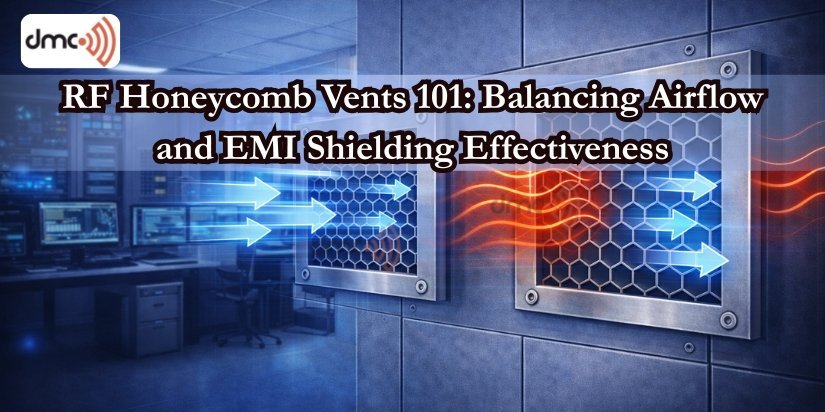 RF honeycomb vents mounted in a shielded enclosure wall, with arrows showing airflow passing through while RF energy is blocked.
