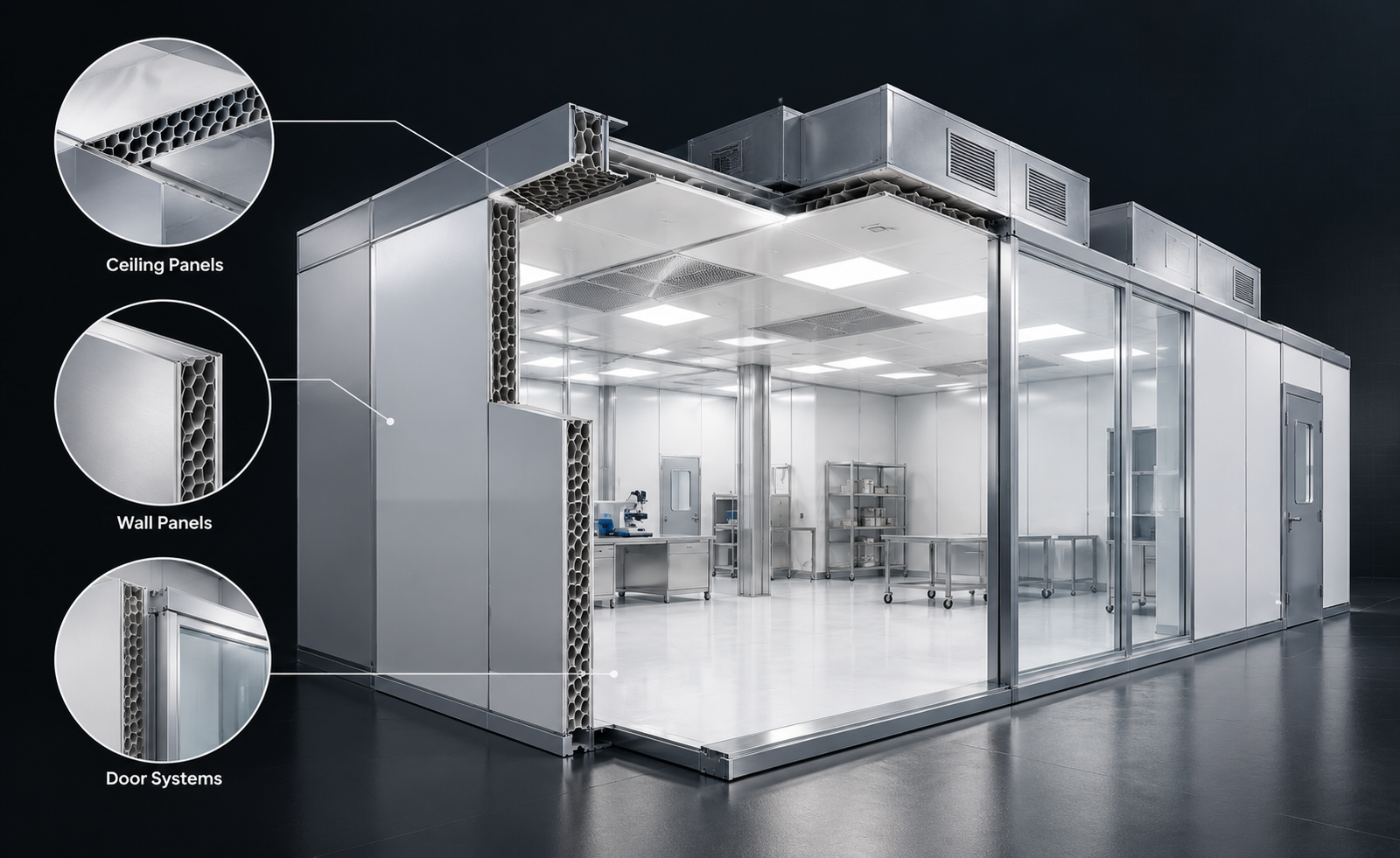 Cutaway of a modular cleanroom showing honeycomb-core ceiling panels, wall panels and door systems, with the finished clean space visible inside