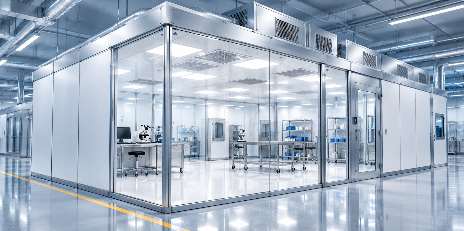Interior of a modular cleanroom with glass-walled panel construction, overhead HEPA ceiling and stainless lab benches