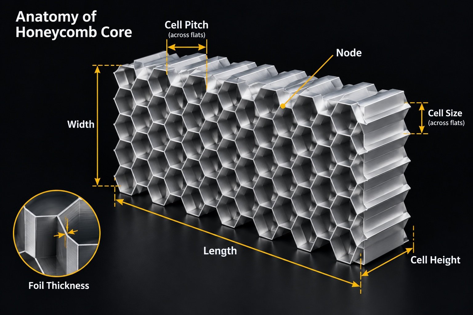 Labelled honeycomb core showing cell size, cell pitch, node, cell height, length and width