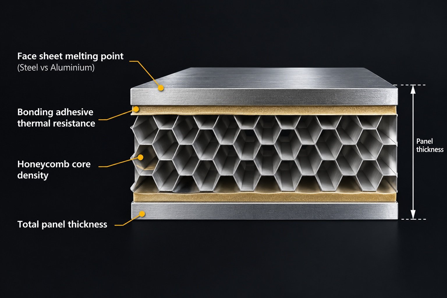 Cross-section of a honeycomb sandwich panel labelling the four factors that decide its marine fire class: face sheet melting point, bonding adhesive thermal resistance, honeycomb core density and total panel thickness