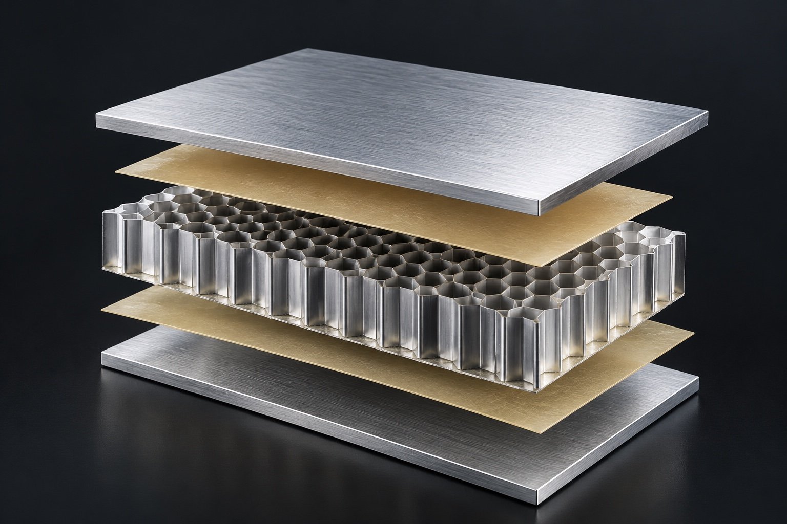 Exploded view of a honeycomb sandwich panel — two aluminum face skins separated by an expanded hexagonal honeycomb core bonded with structural adhesive