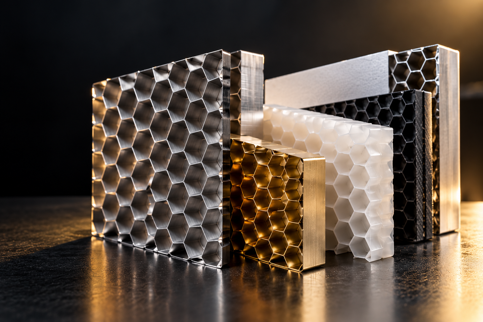 Honeycomb core and panel samples in aluminum, brass, polypropylene and steel on a dark studio table