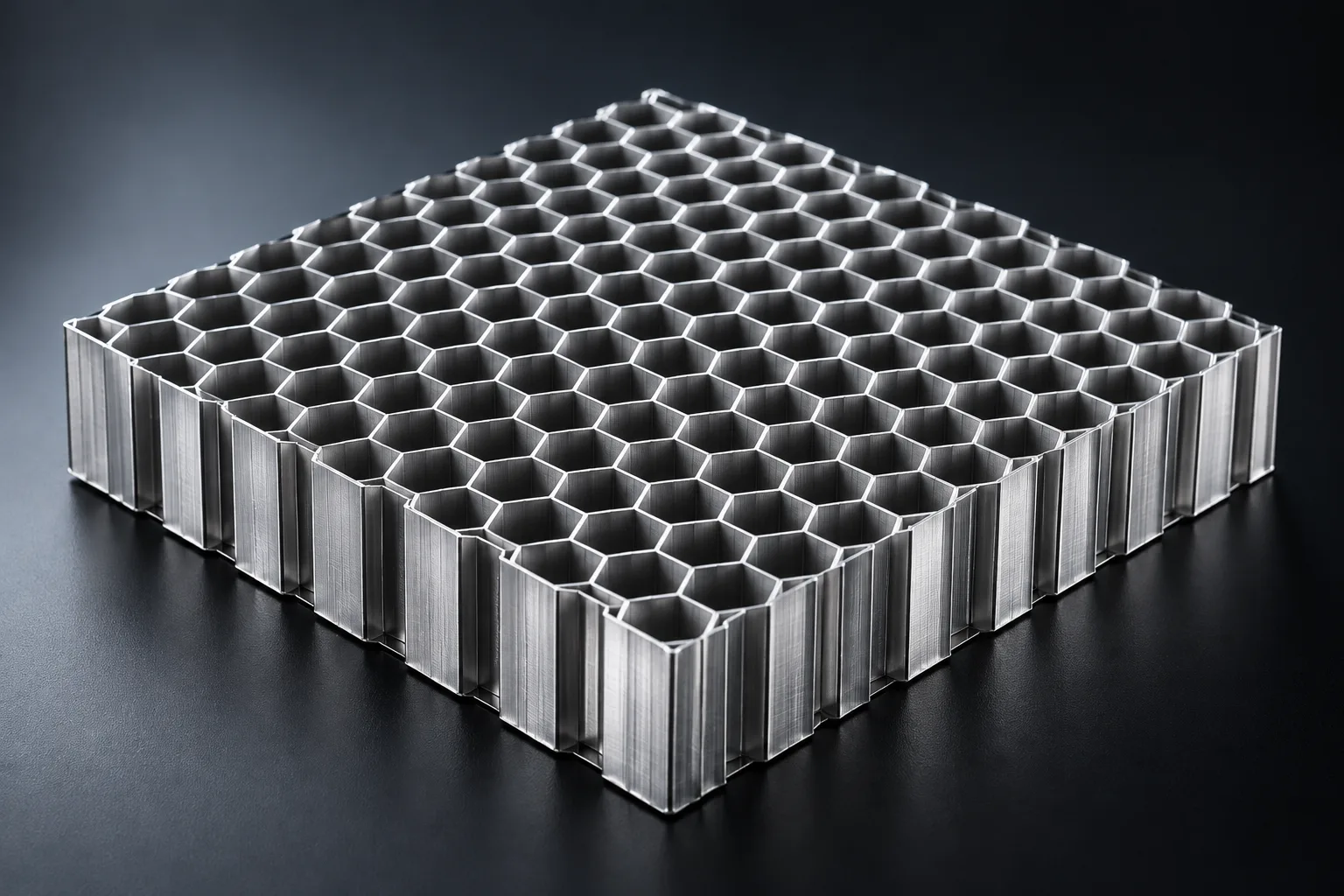Expanded aluminium hexagonal honeycomb core block under studio light.