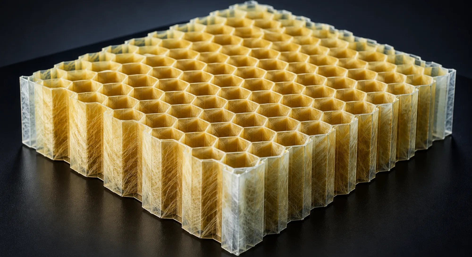 Hybrid composite reinforced aramid and fiberglass honeycomb core.