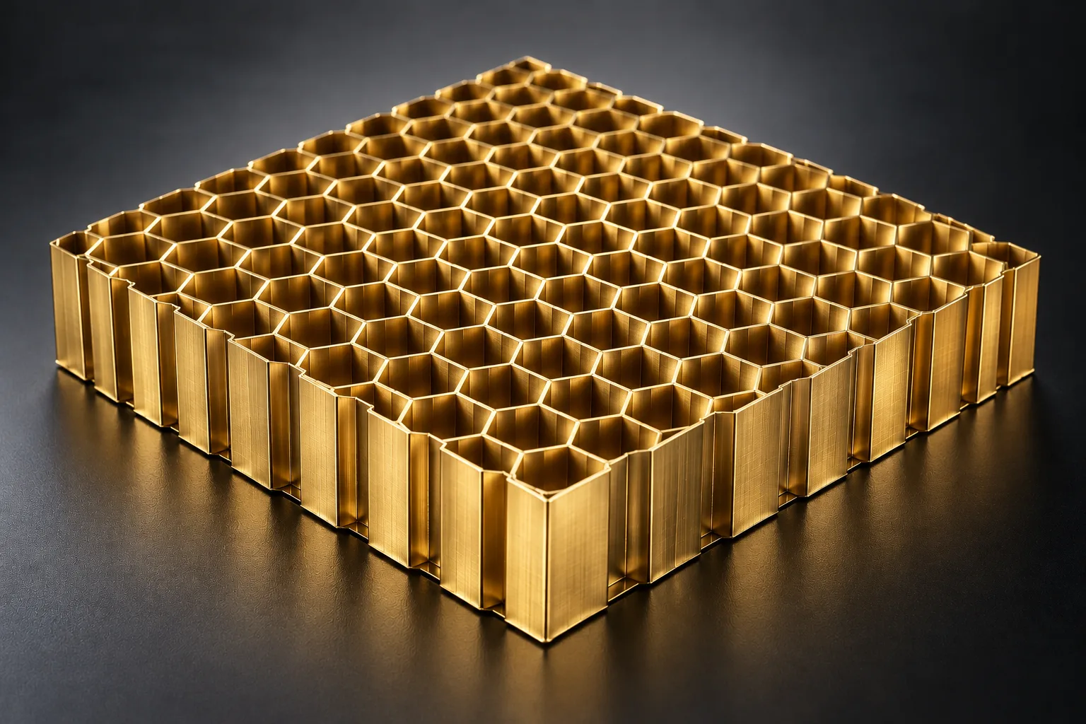 Expanded brass hexagonal honeycomb core block under studio light.
