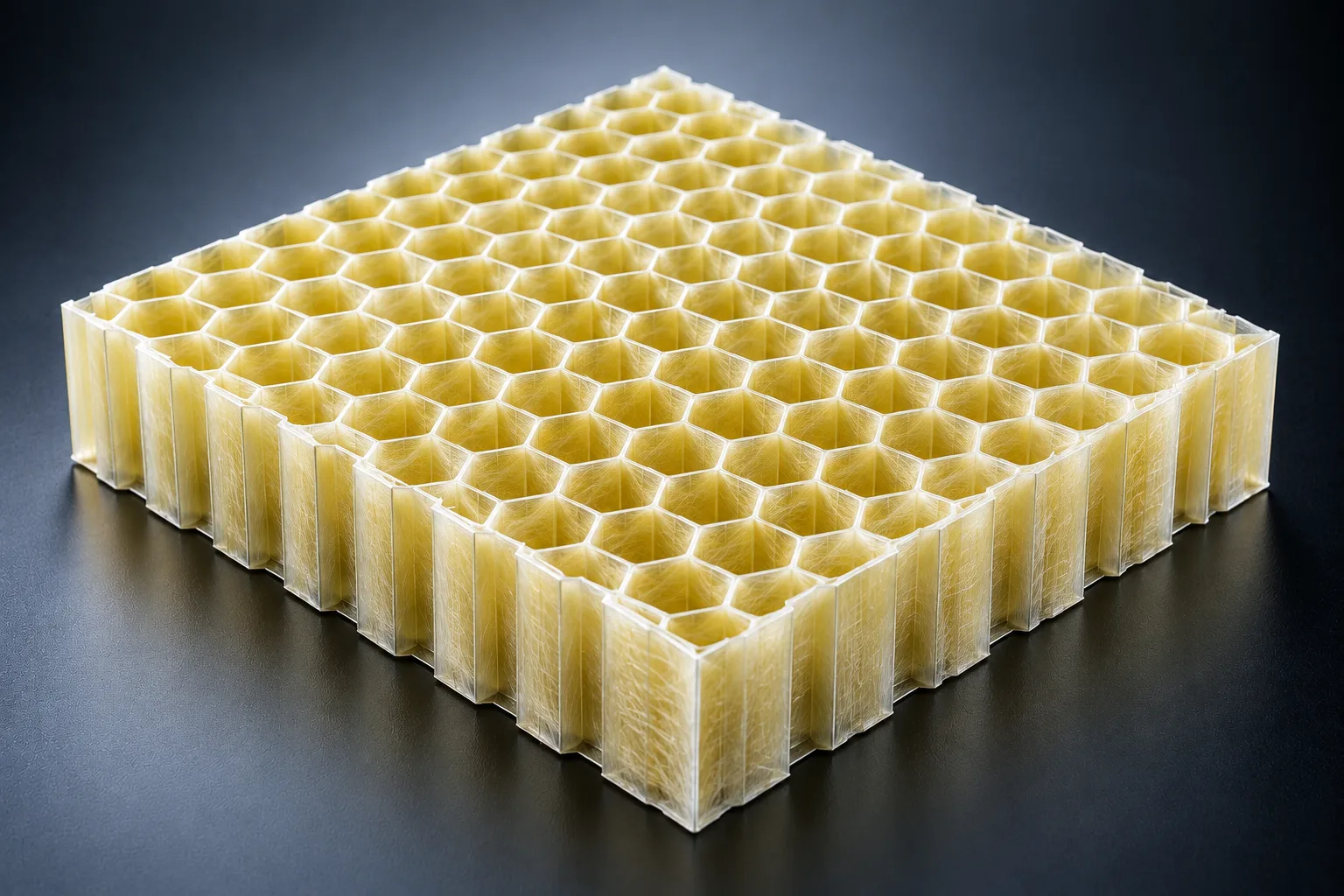 Phenolic-dipped fiberglass hexagonal honeycomb core block under studio light.