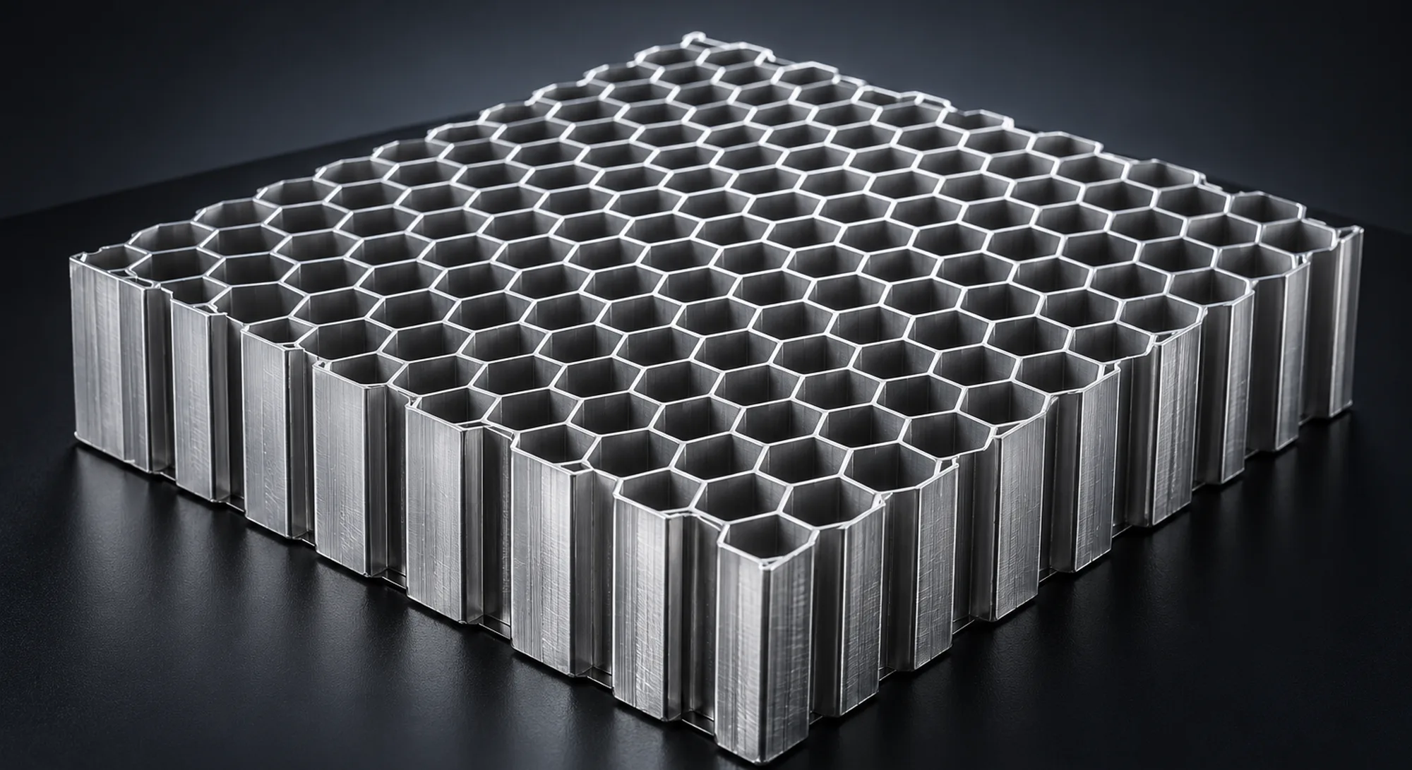 Precision-engineered metallic (aluminium / stainless) expanded hexagonal honeycomb structural core.