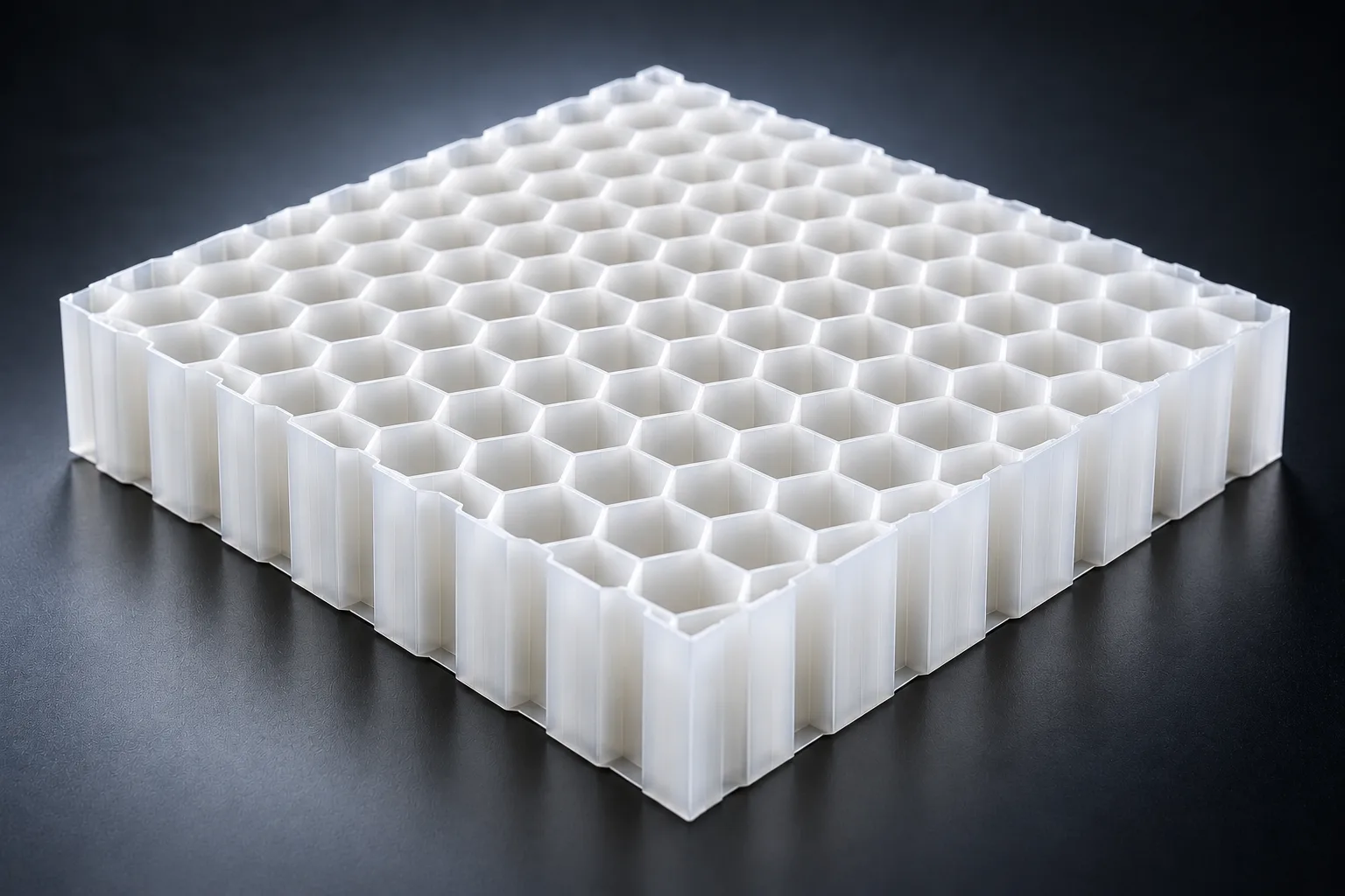Translucent polypropylene hexagonal honeycomb core block under studio light.