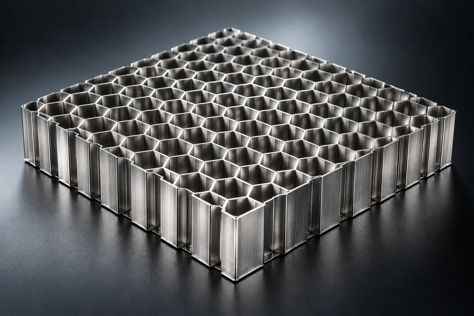Expanded stainless steel hexagonal honeycomb core block under studio light.
