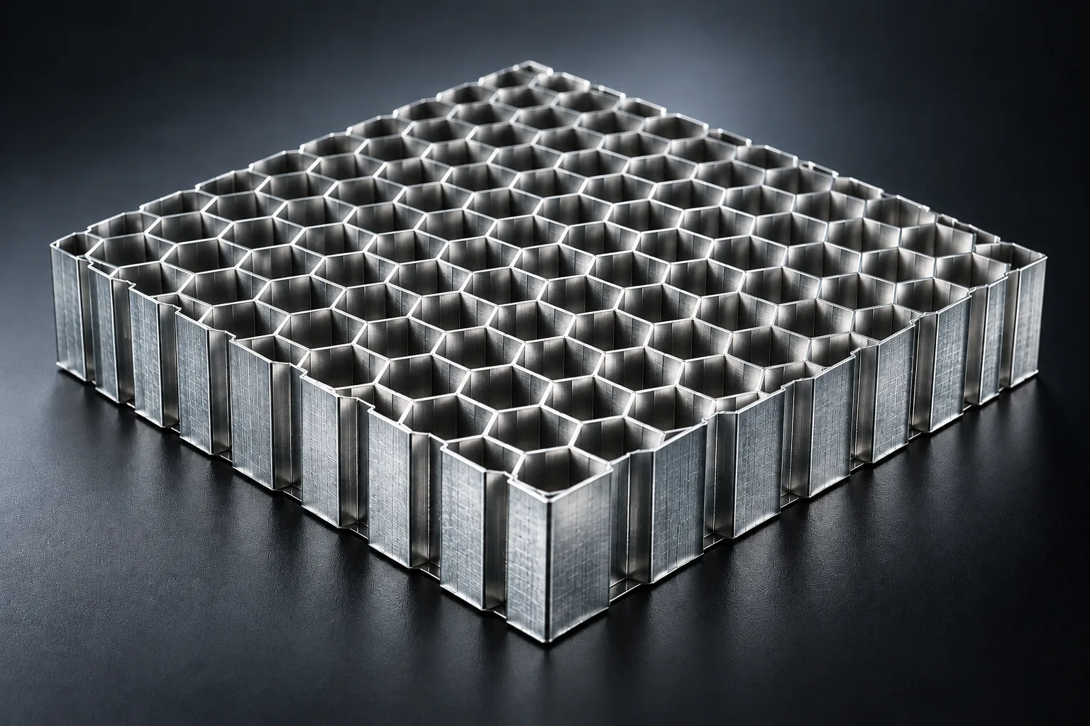 Expanded tin-plated steel hexagonal honeycomb core block under studio light.